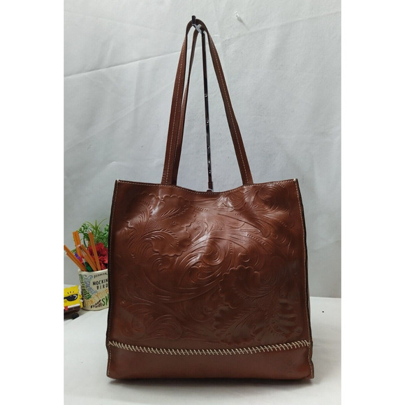 Patricia Nash Tan Brown Leather Floral Tooled Double Handles Tote Shoulder Bag - Picture 1 of 14
